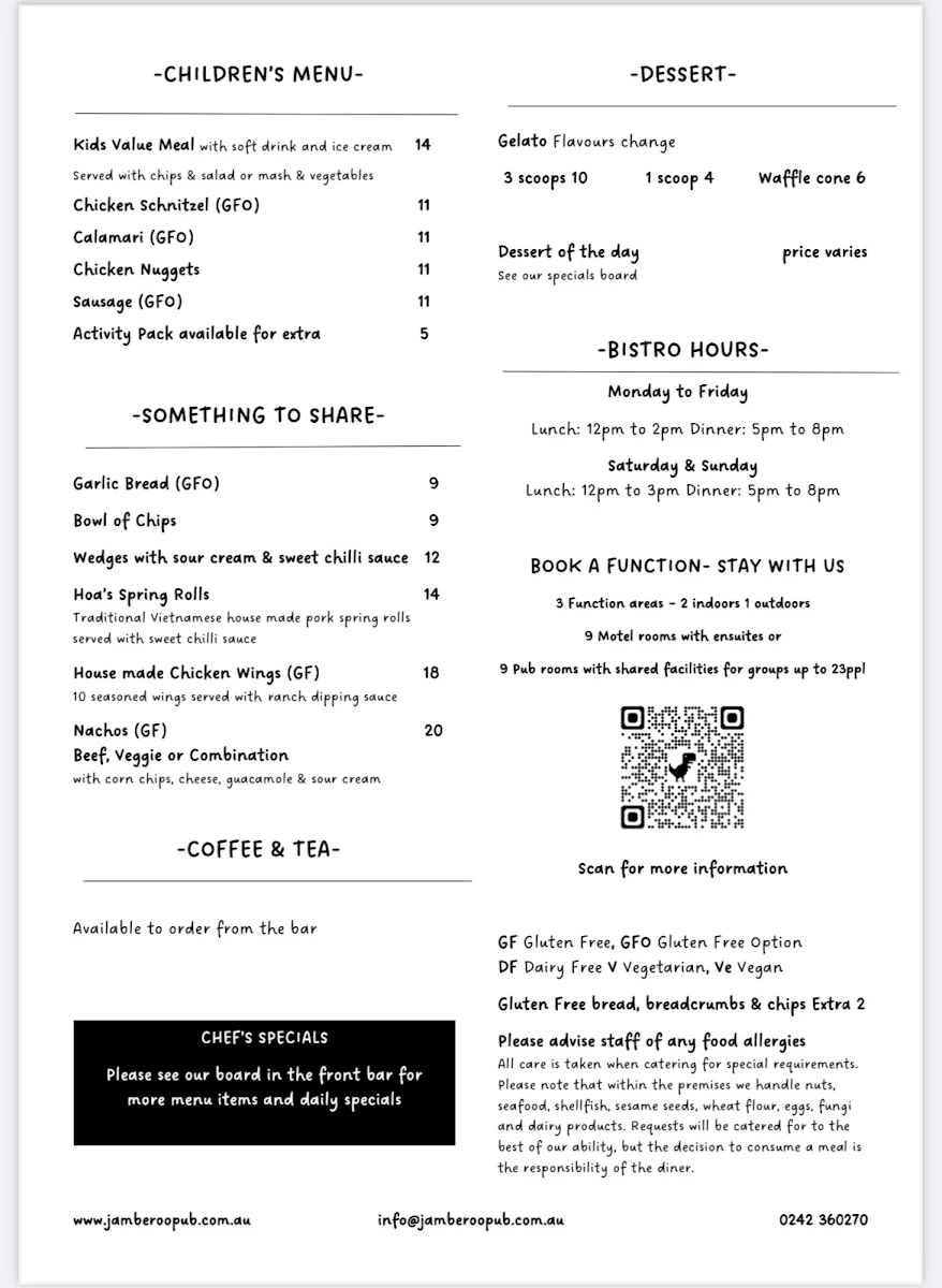 Menu, Jamberoo Pub