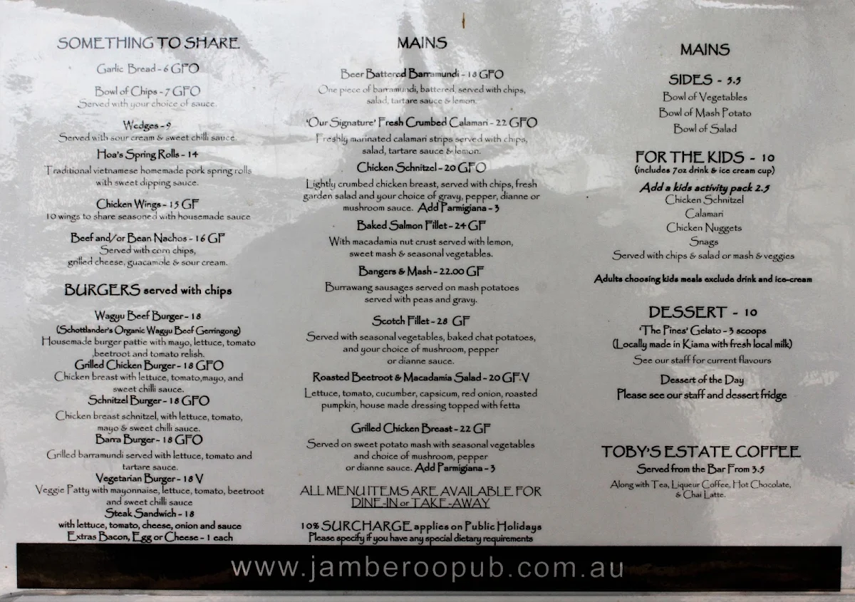 Menu, Jamberoo Pub