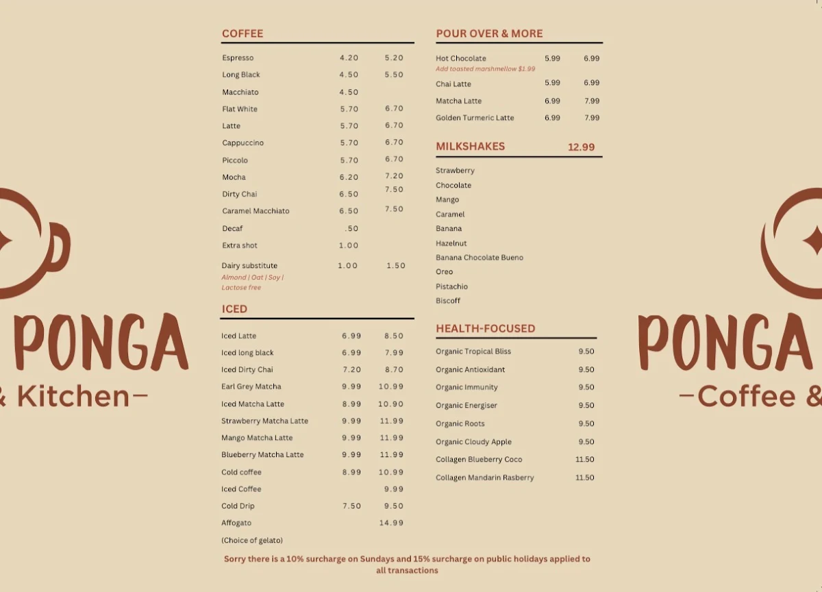 Menu, Ponga Ponga Coffee & Kitchen