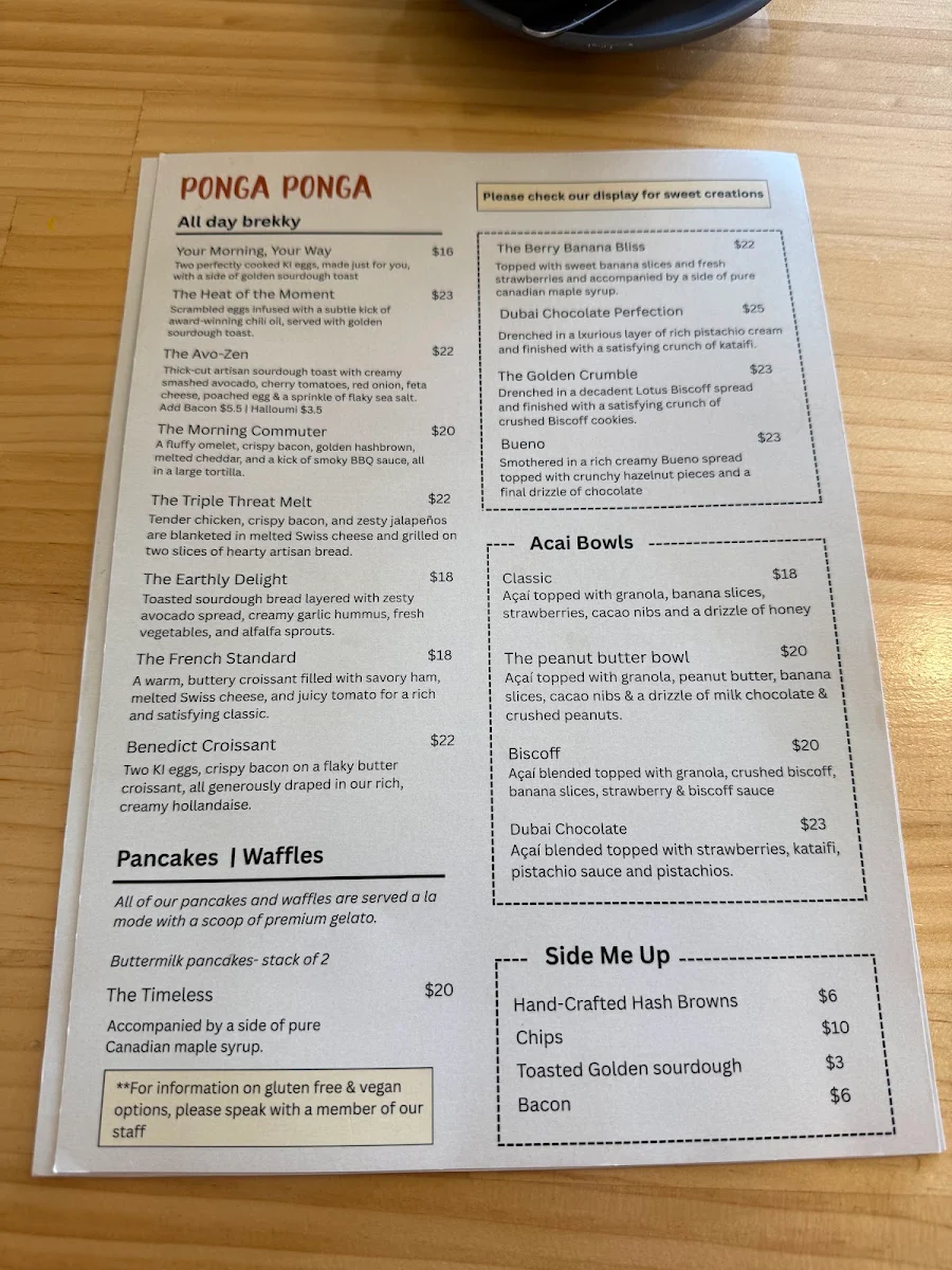 Menu, Ponga Ponga Coffee & Kitchen