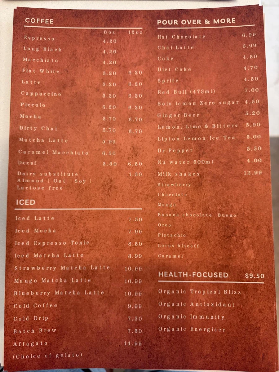 Menu, Ponga Ponga Coffee & Kitchen