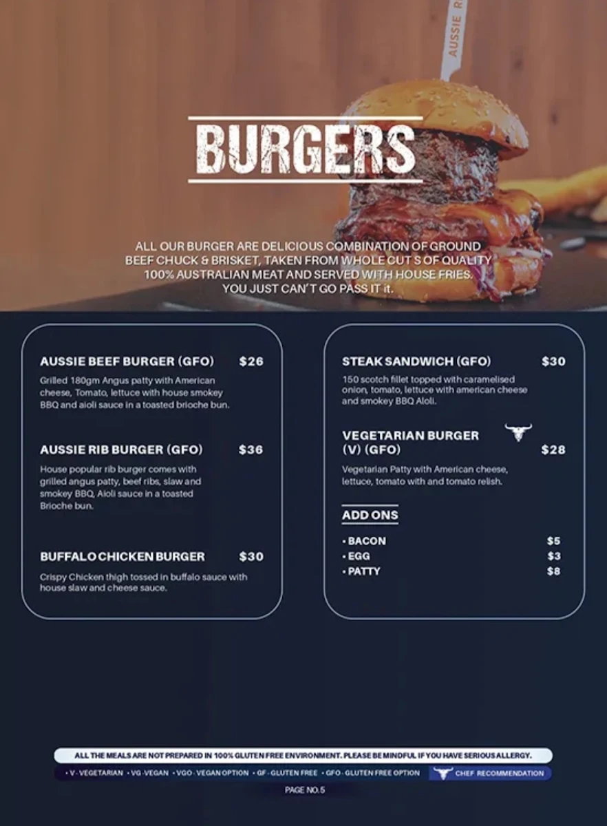Menu, Aussie Ribs Fremantle