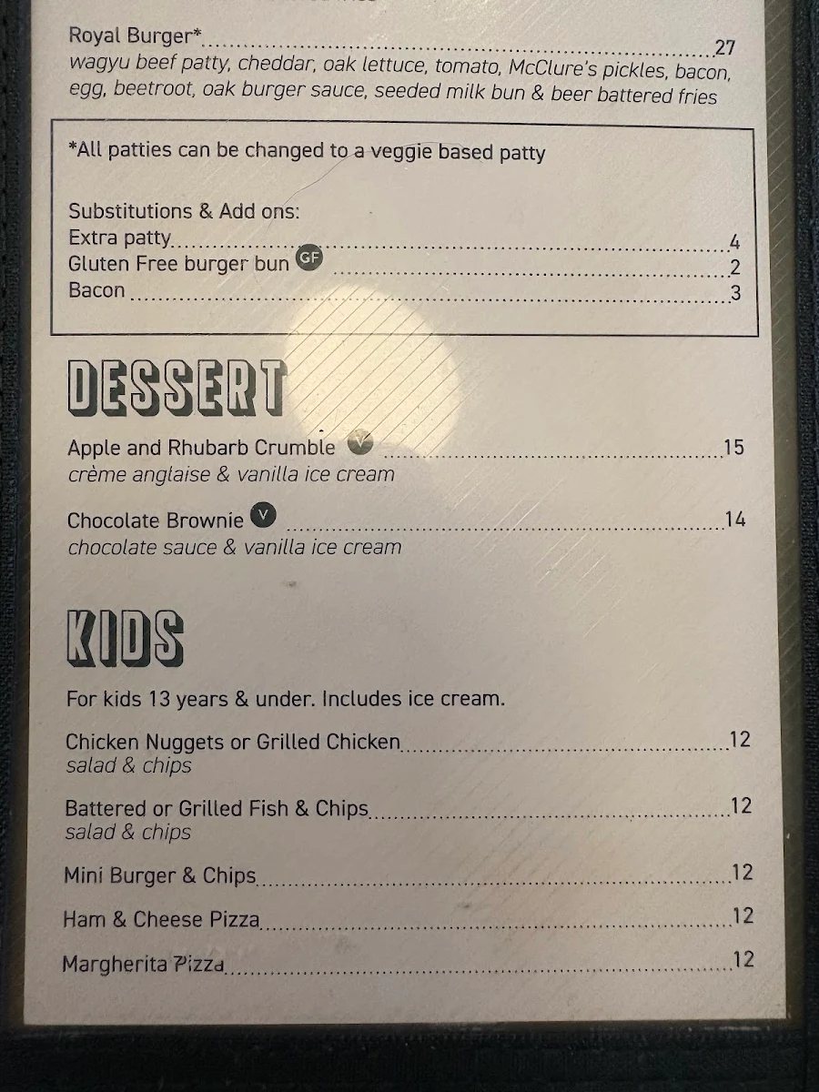 Menu, Royal Oak Hotel