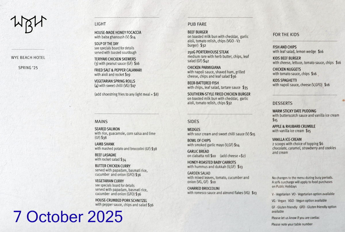 Menu, Wye Beach Hotel