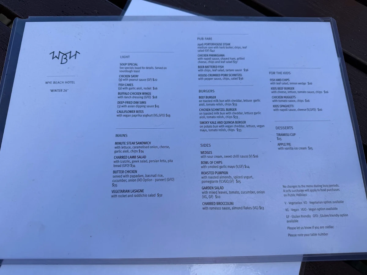 Menu, Wye Beach Hotel