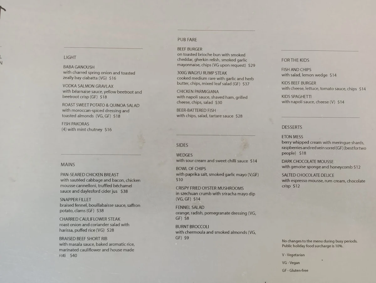 Menu, Wye Beach Hotel