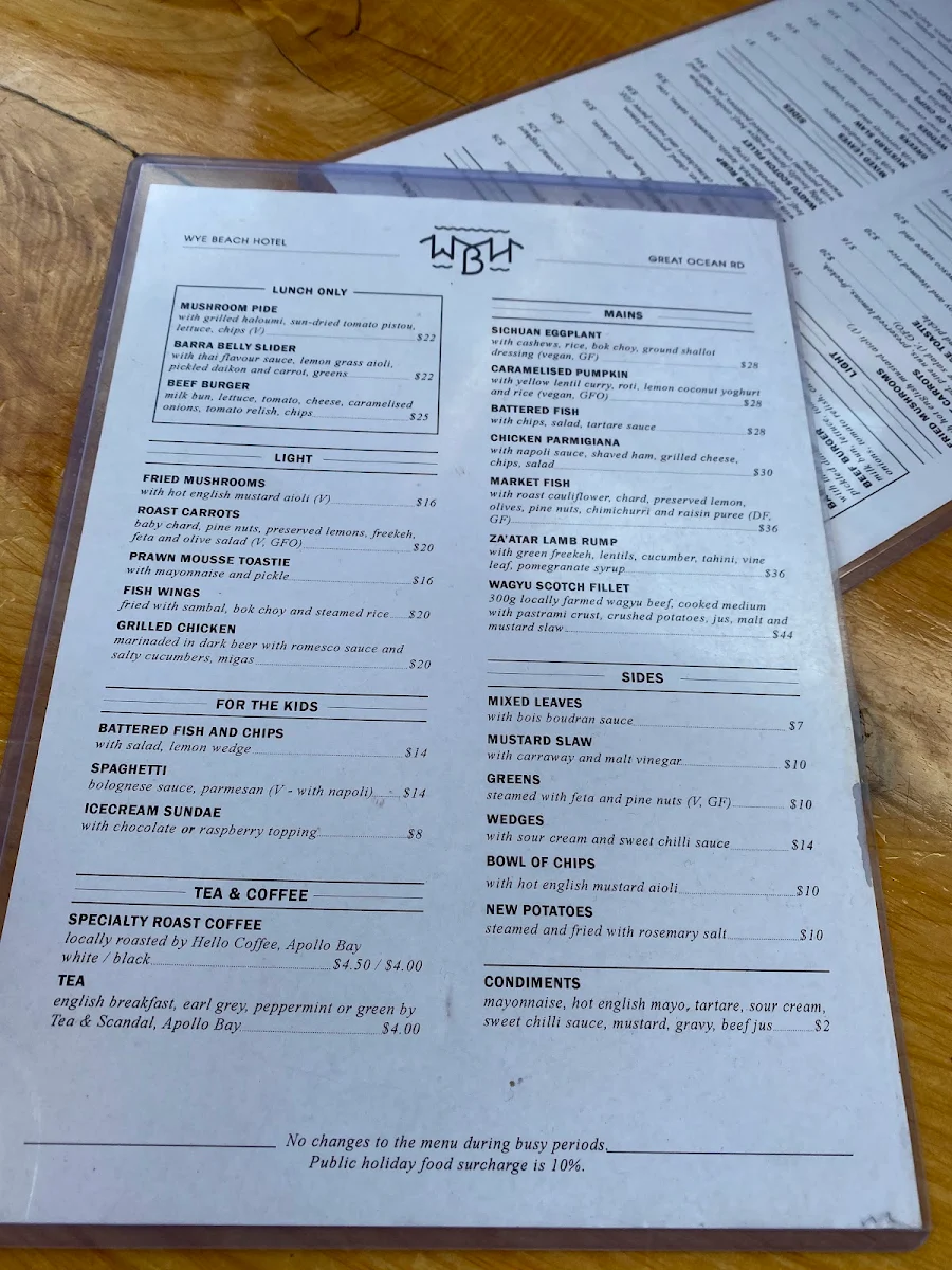 Menu, Wye Beach Hotel