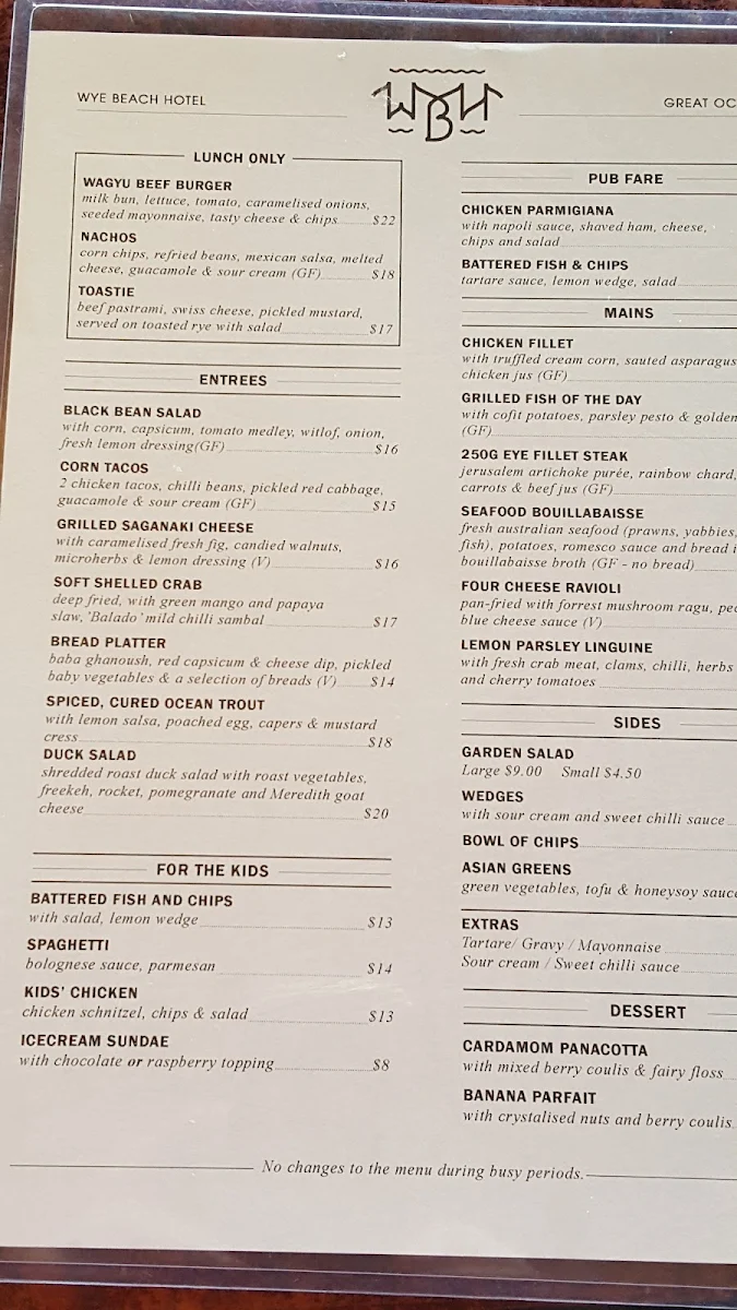 Menu, Wye Beach Hotel