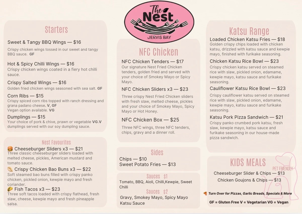 Menu, The Nest Jervis Bay