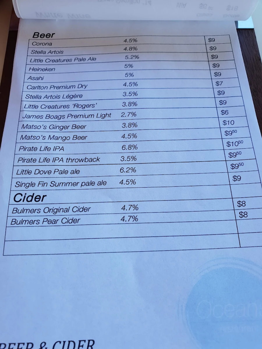 Menu, Oceans Restaurant