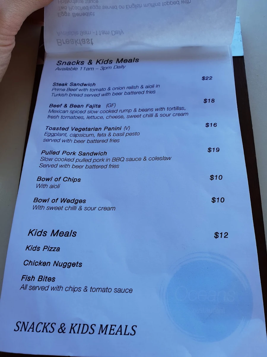 Menu, Oceans Restaurant