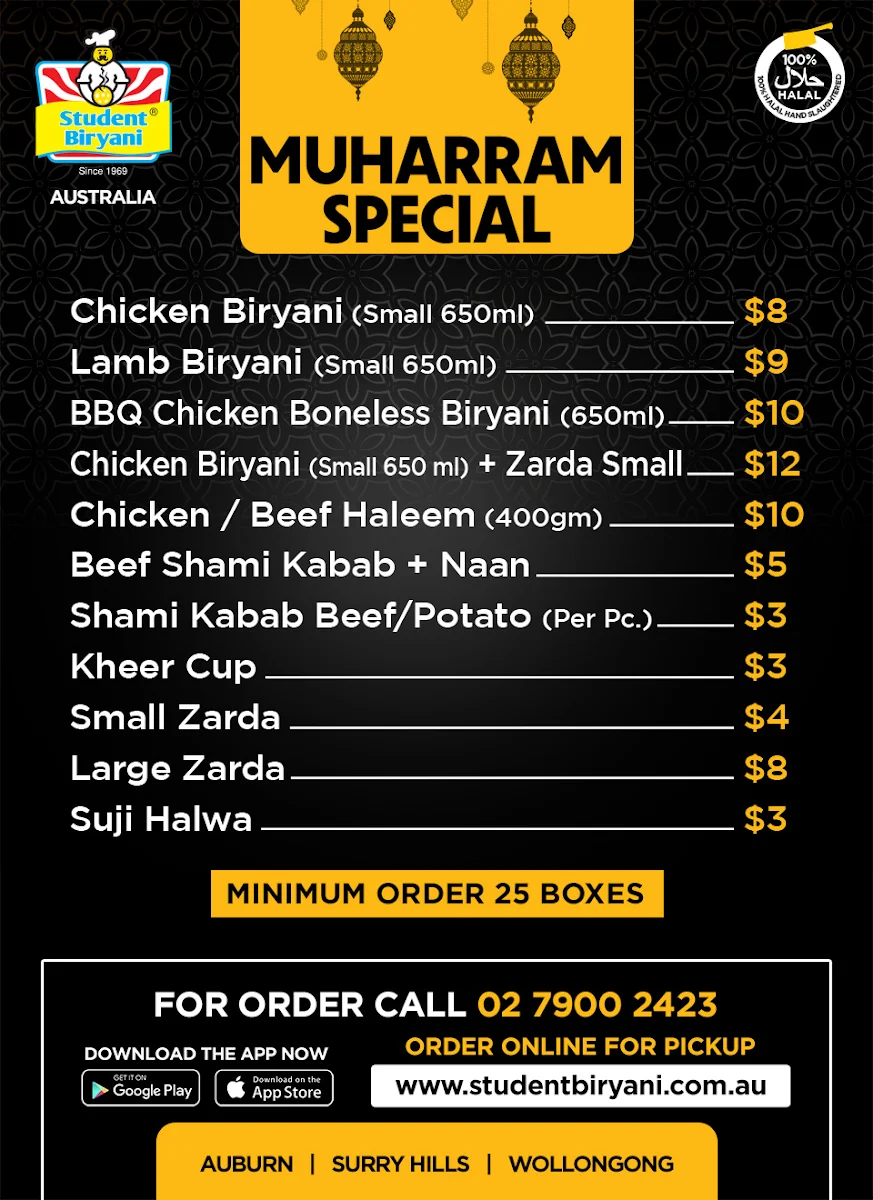 Menu, Student Biryani Surry Hills
