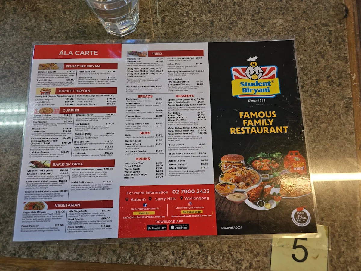 Menu, Student Biryani Surry Hills