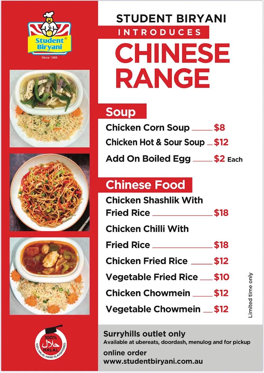 Menu, Student Biryani Surry Hills