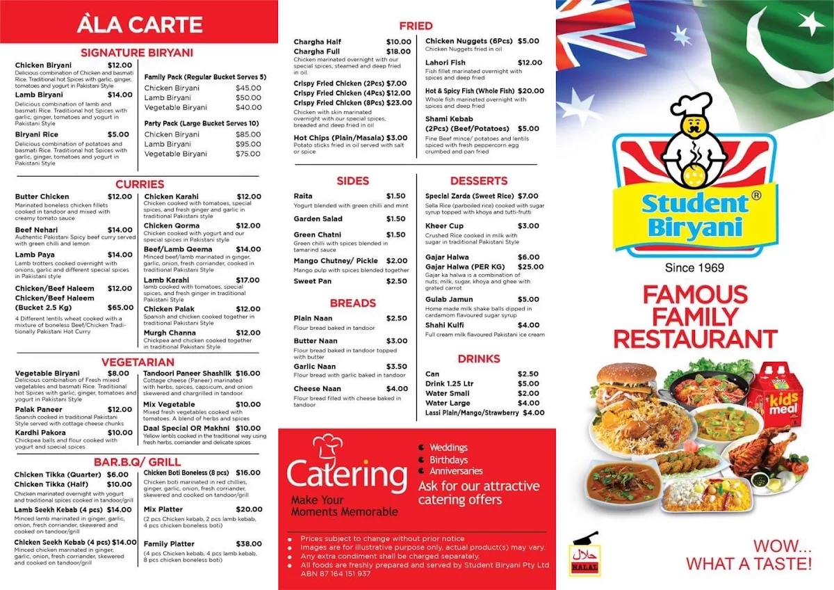 Menu, Student Biryani Surry Hills