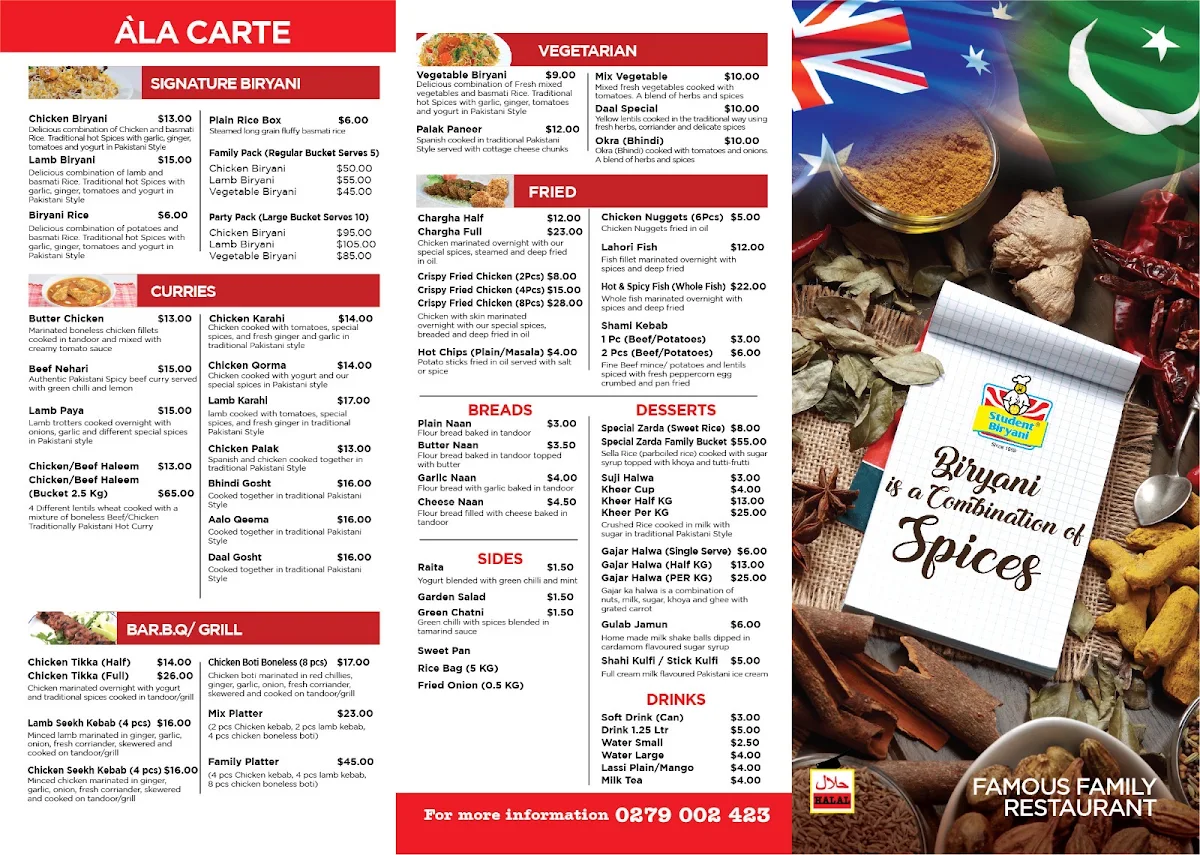 Menu, Student Biryani Surry Hills