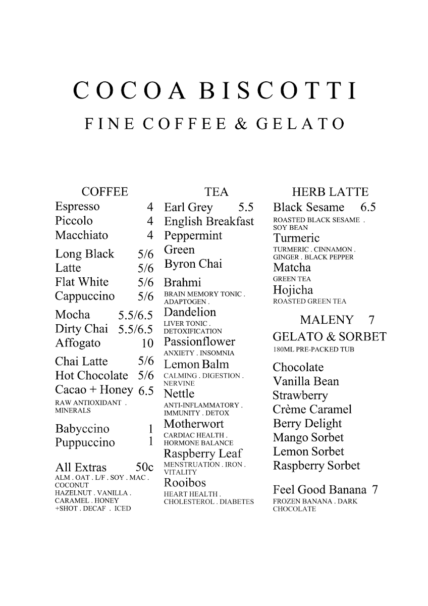 Menu, Cocoa Biscotti