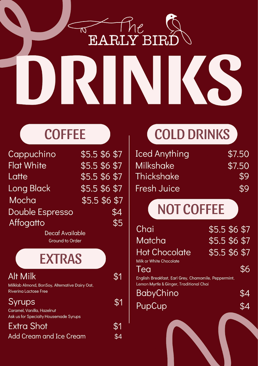 Menu, The Early Bird Wagga