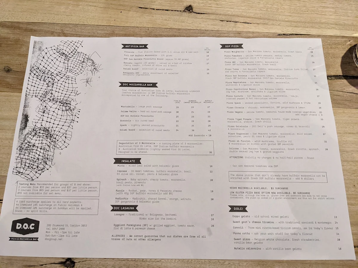 Menu, D.O.C Pizza & Mozzarella Bar - Carlton