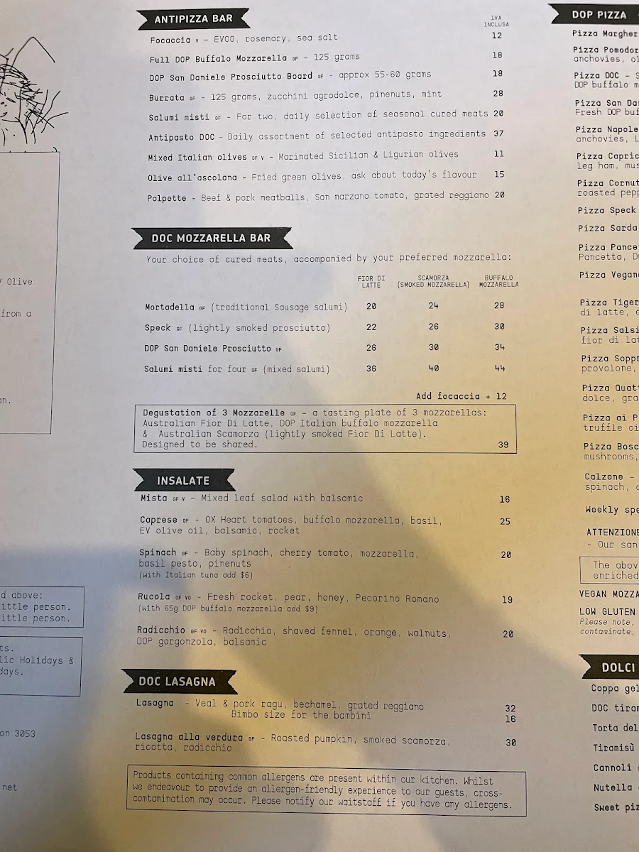 Menu, D.O.C Pizza & Mozzarella Bar - Carlton