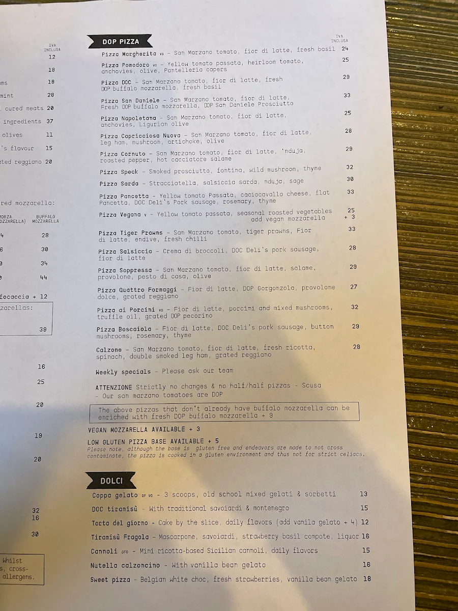 Menu, D.O.C Pizza & Mozzarella Bar - Carlton