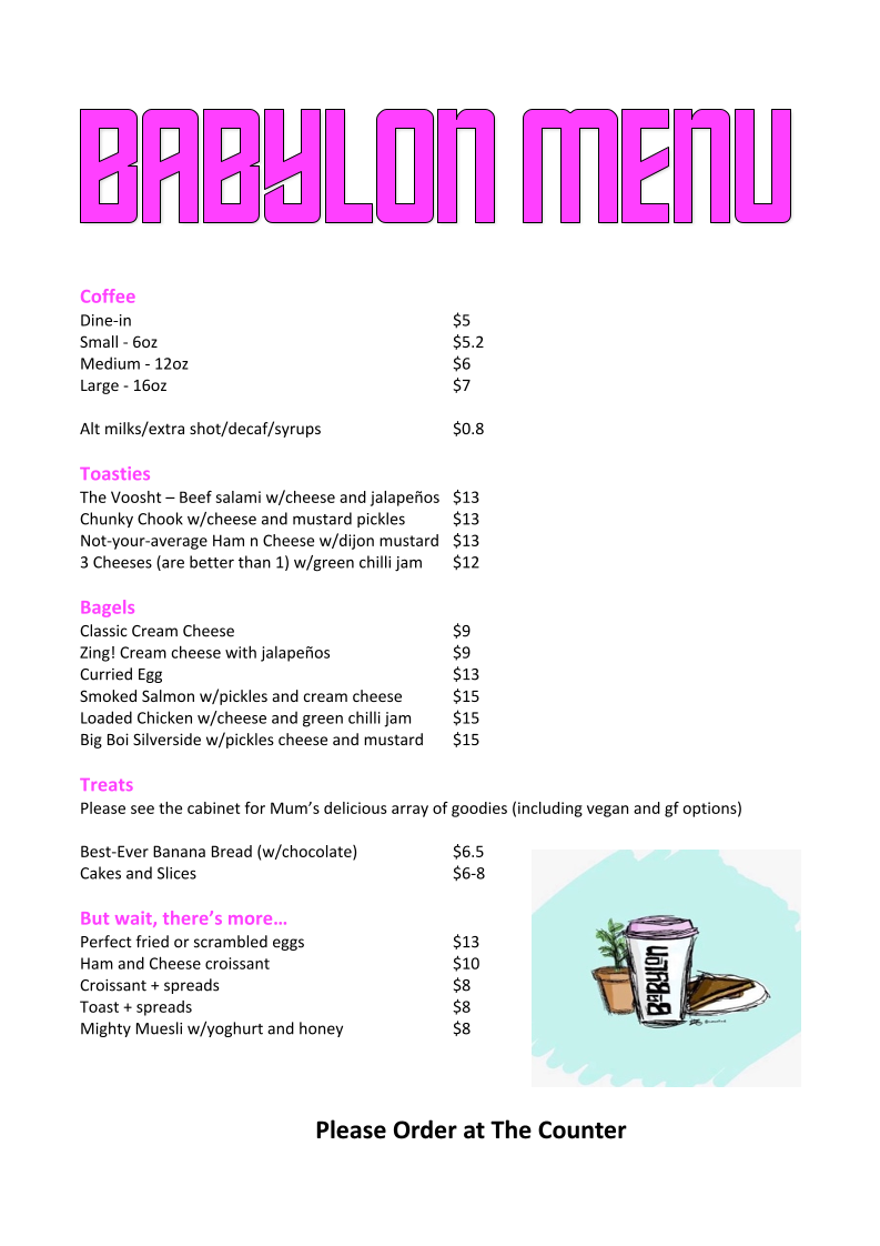 Menu, Babylon Cafe