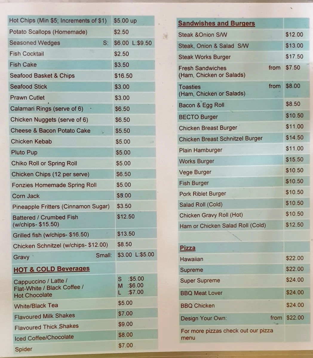 Menu, Fonzies at TC's