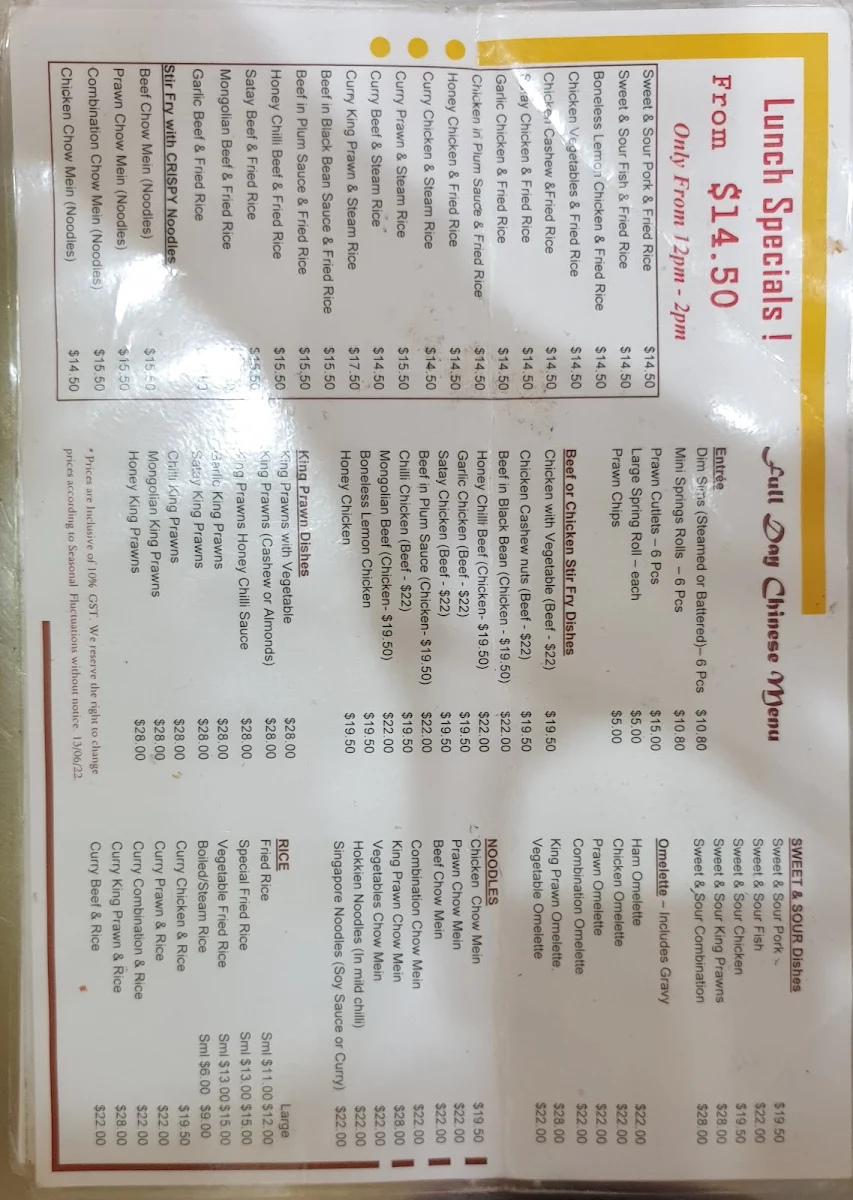 Menu, Fonzies at TC's