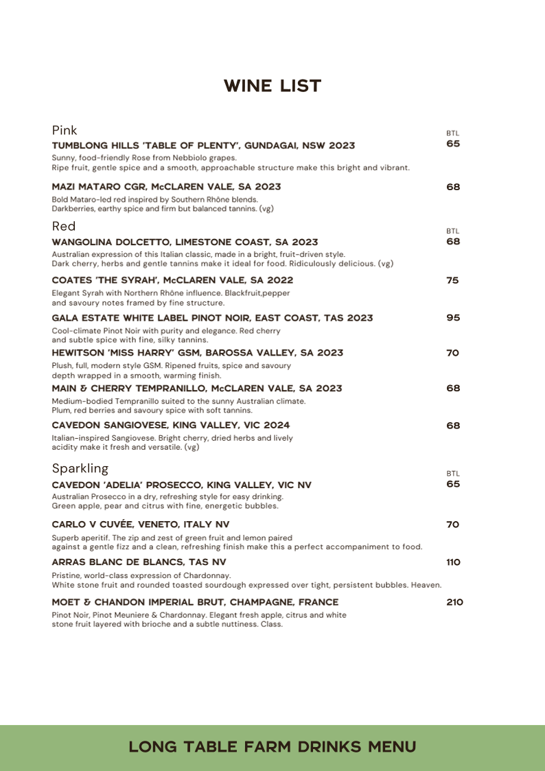 Menu, Long Table Farm Restaurant