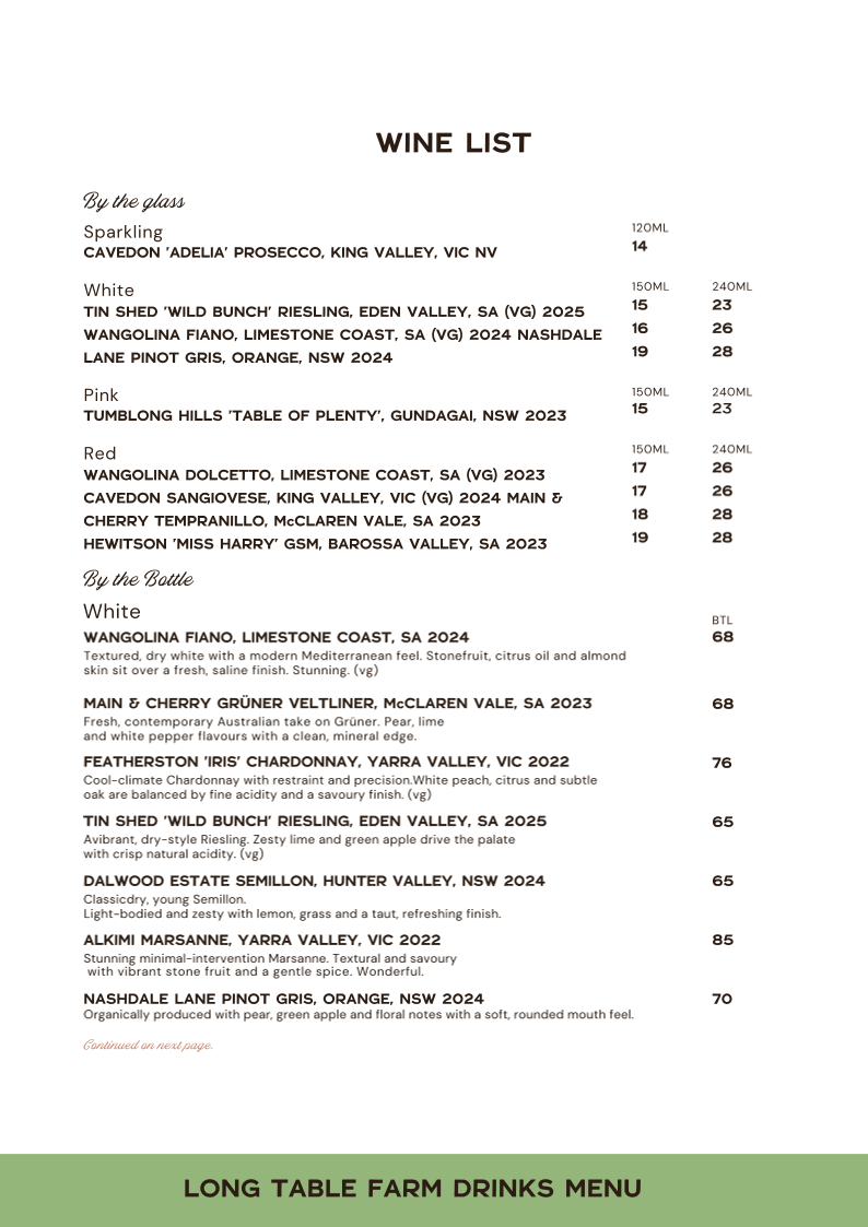 Menu, Long Table Farm Restaurant