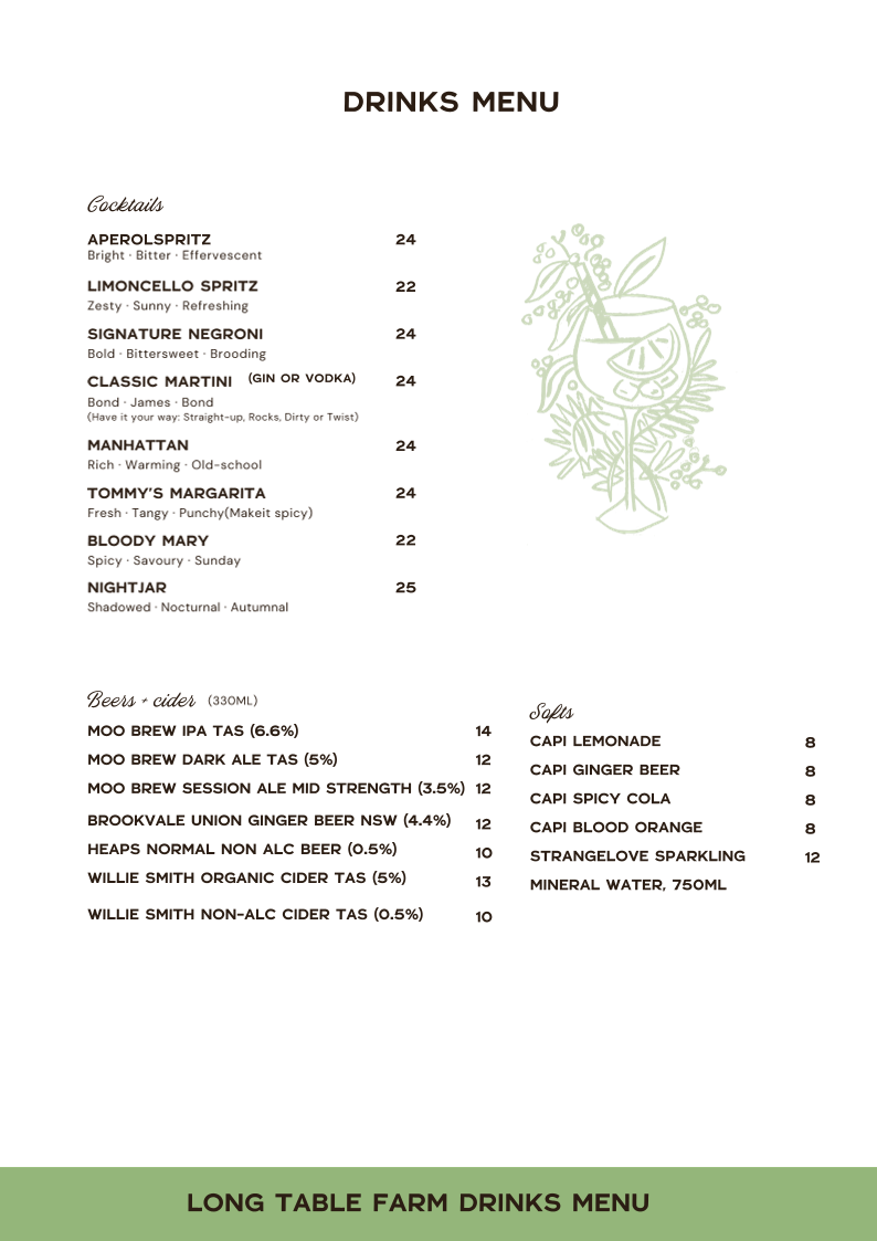 Menu, Long Table Farm Restaurant