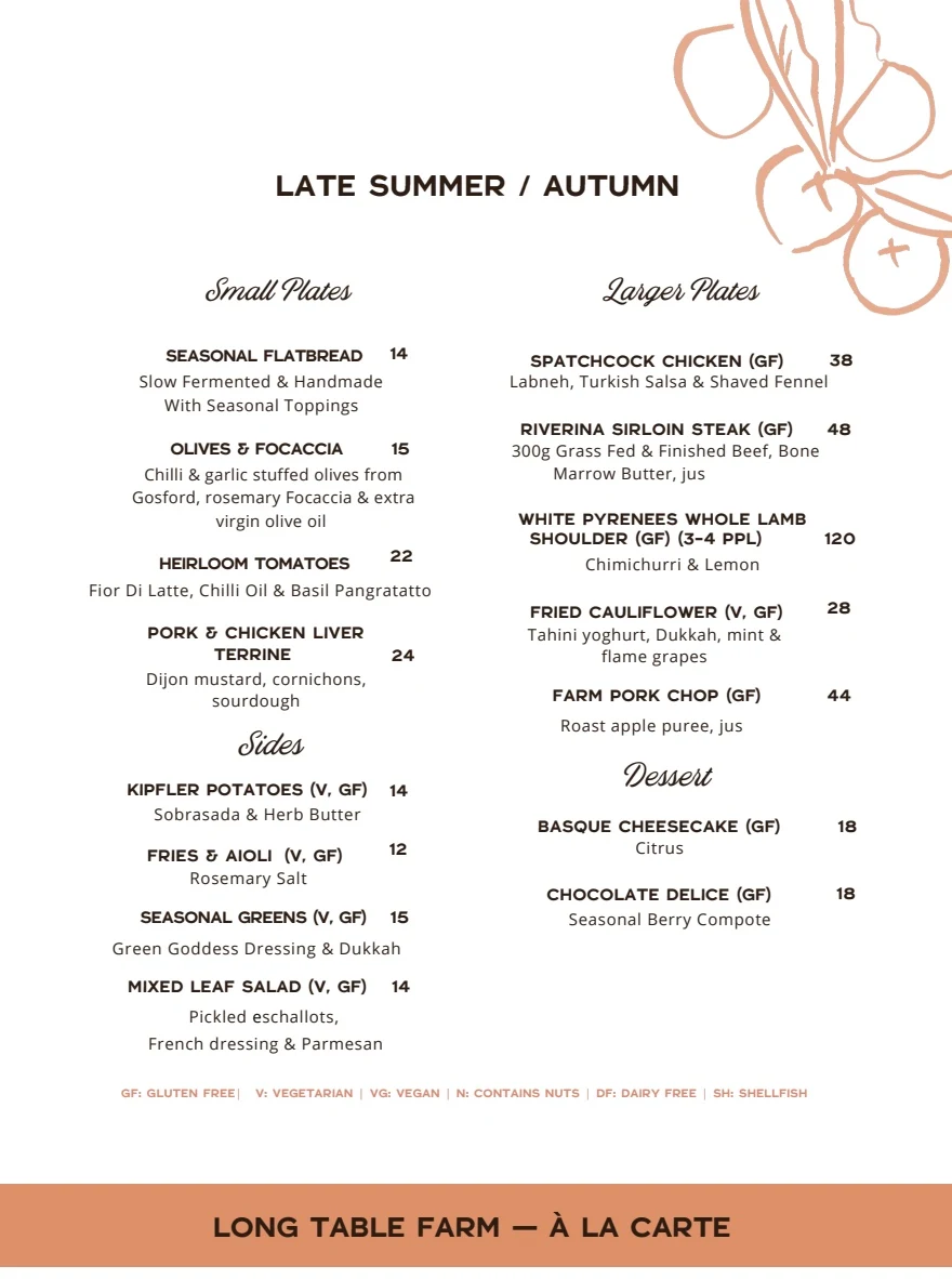 Menu, Long Table Farm Restaurant
