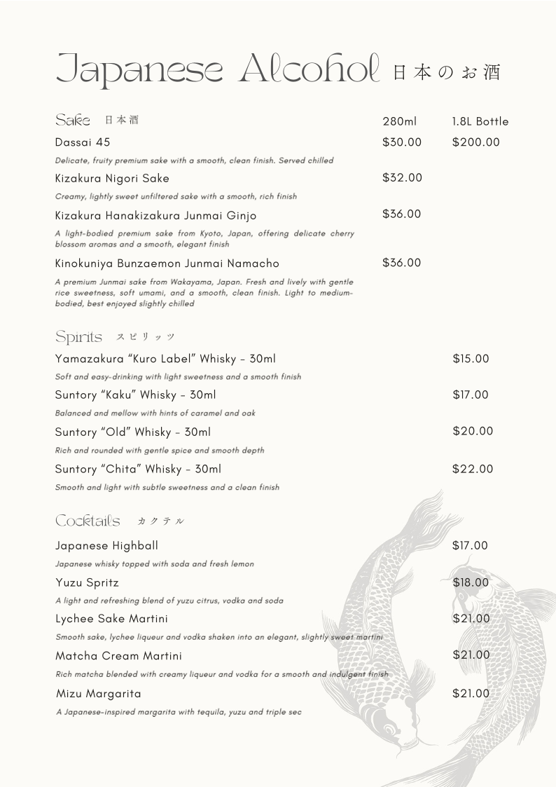 Menu, Mizu Japanese Restaurant