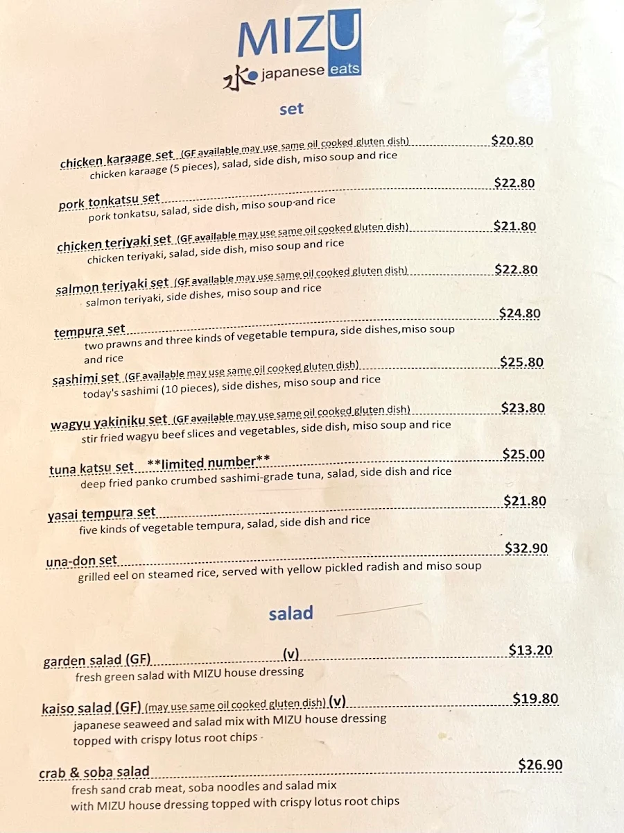 Menu, Mizu Japanese Restaurant
