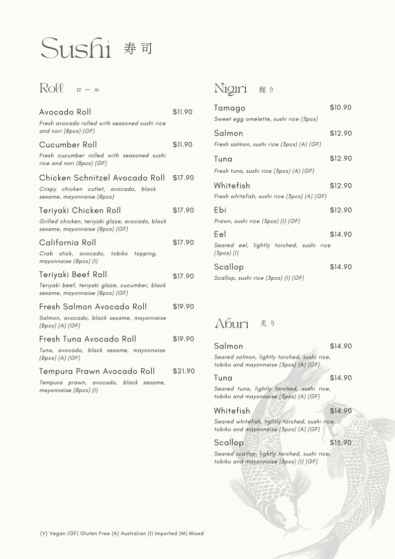Menu, Mizu Japanese Restaurant