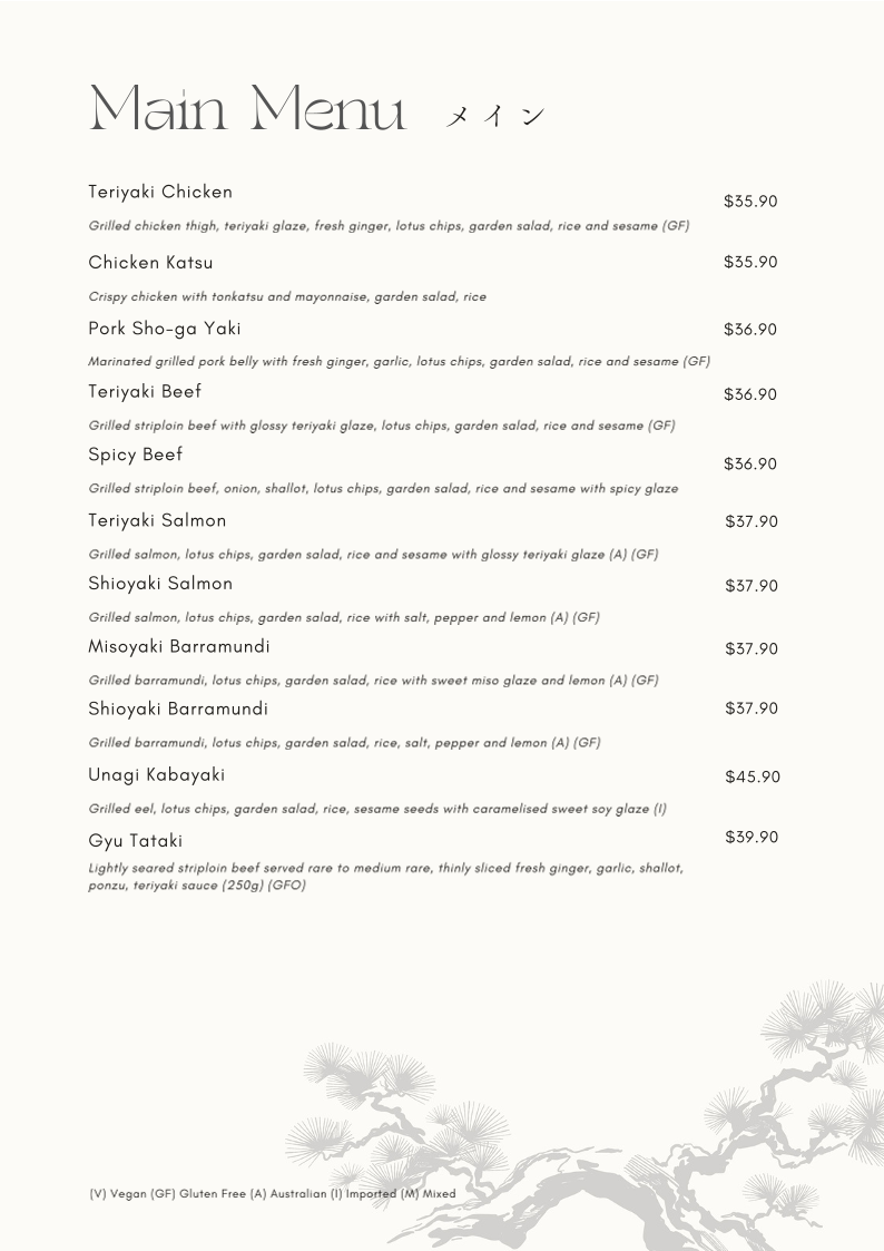 Menu, Mizu Japanese Restaurant