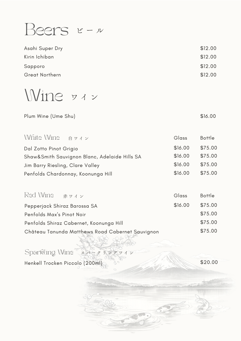 Menu, Mizu Japanese Restaurant
