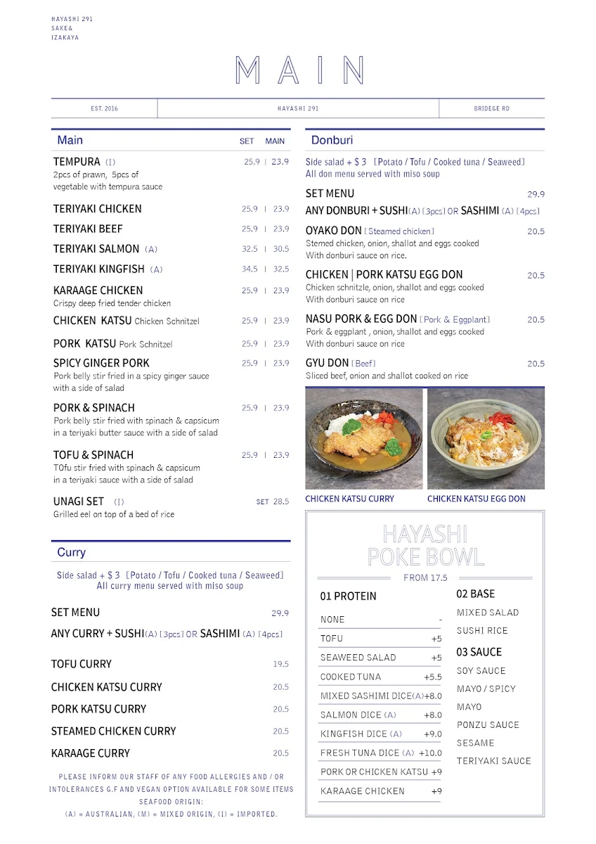 Menu, Hayashi291 Japanese Restaurant