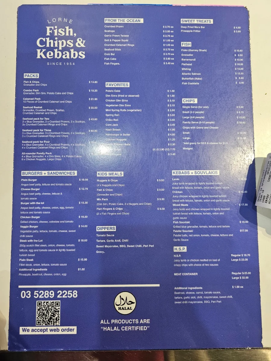 Menu, Lorne Fish & Chips- since 1954