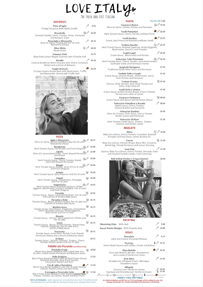 Menu, Love Italy Restaurant & Bar - Surfers Paradise Beach