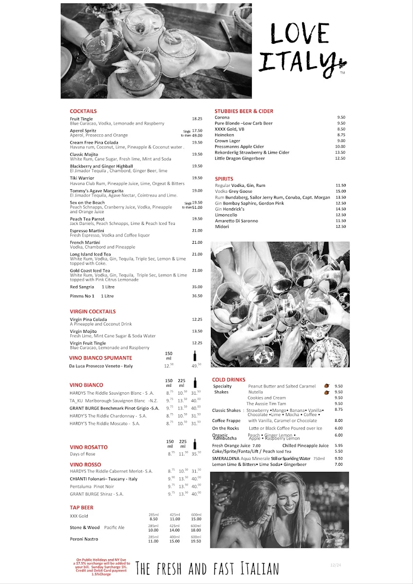 Menu, Love Italy Restaurant & Bar - Surfers Paradise Beach
