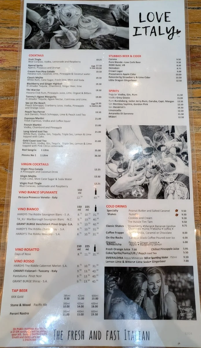 Menu, Love Italy Restaurant & Bar - Surfers Paradise Beach