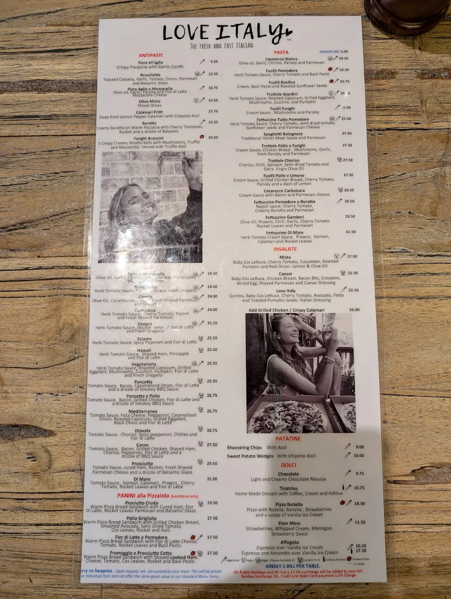 Menu, Love Italy Restaurant & Bar - Surfers Paradise Beach