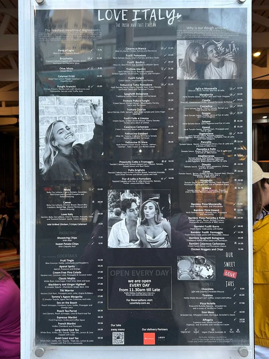 Menu, Love Italy Restaurant & Bar - Surfers Paradise Beach