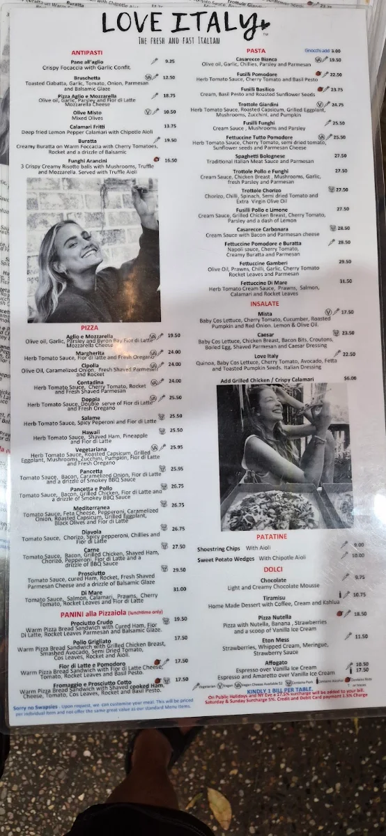 Menu, Love Italy Restaurant & Bar - Surfers Paradise Beach