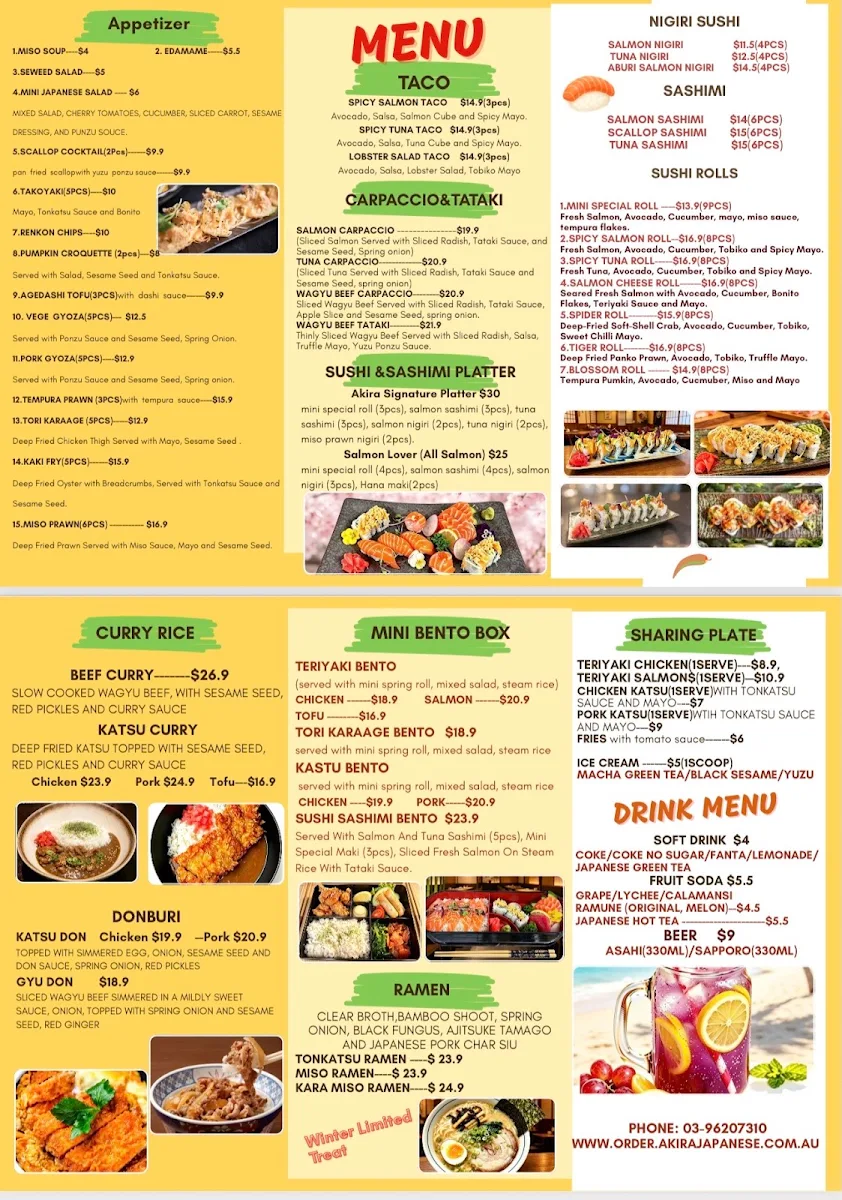 Menu, Akira Japanese Cuisine