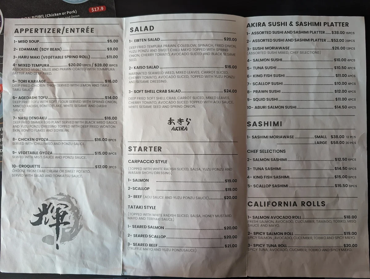 Menu, Akira Japanese Cuisine