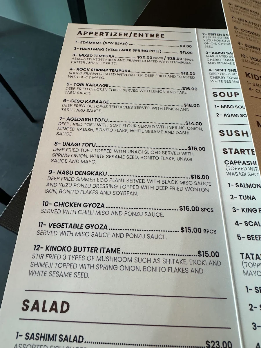 Menu, Akira Japanese Cuisine