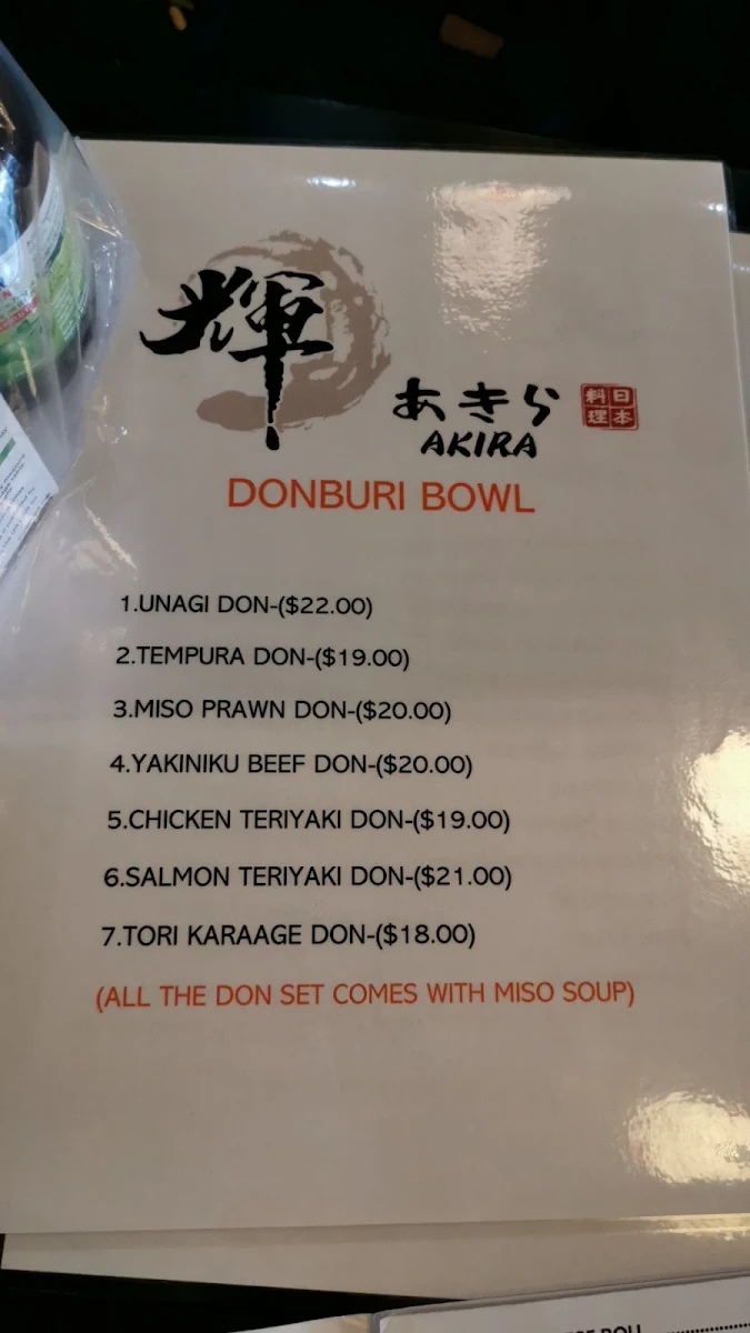 Menu, Akira Japanese Cuisine
