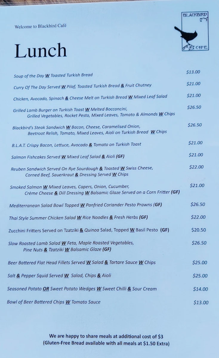 Menu, Blackbird Cafe